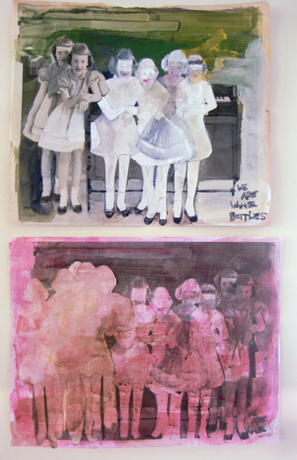 We Are Wine Bottles (Diptych), Collage, acrylic, graphite on paper, 11"x 18", sold