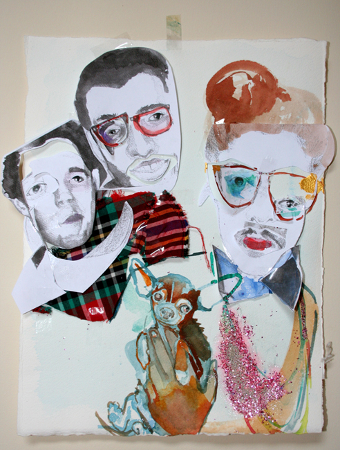 Critics(ABC tv), Watercolor, photocopies of watercolor drawings, glitter and tape on Arches paper, 10"x 13"