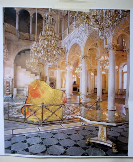 Gaudy Goldy, Collage with acrylic and found Russian calendar page, 10"x16"