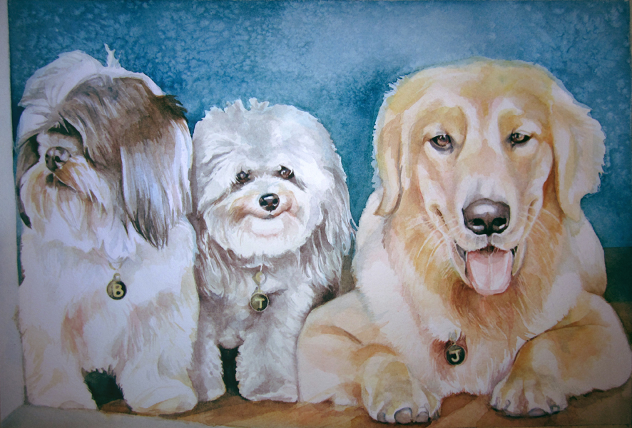 Blaze, Trixie, & Jaxson, Watercolor on Paper, 10" x 14", sold